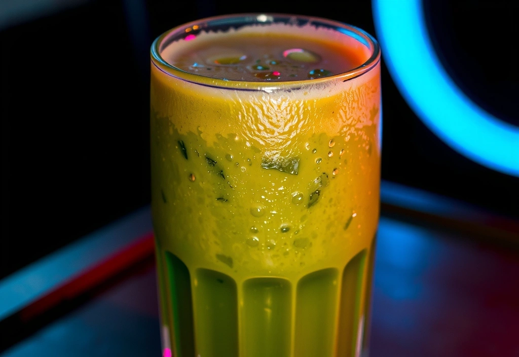 Sklenice zeleného smoothie s kapkami rosy